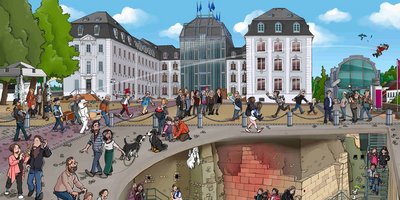Gezeichnetes Wimmelbild vom Saarbrücker Schloss mit Schlossplatz und Blick in die Kasematten des Historischen Museums Saar